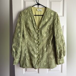 Vintage Lee Jordan Lace Crochet Jacket Blouse Sage Green Button Front Cottagecor